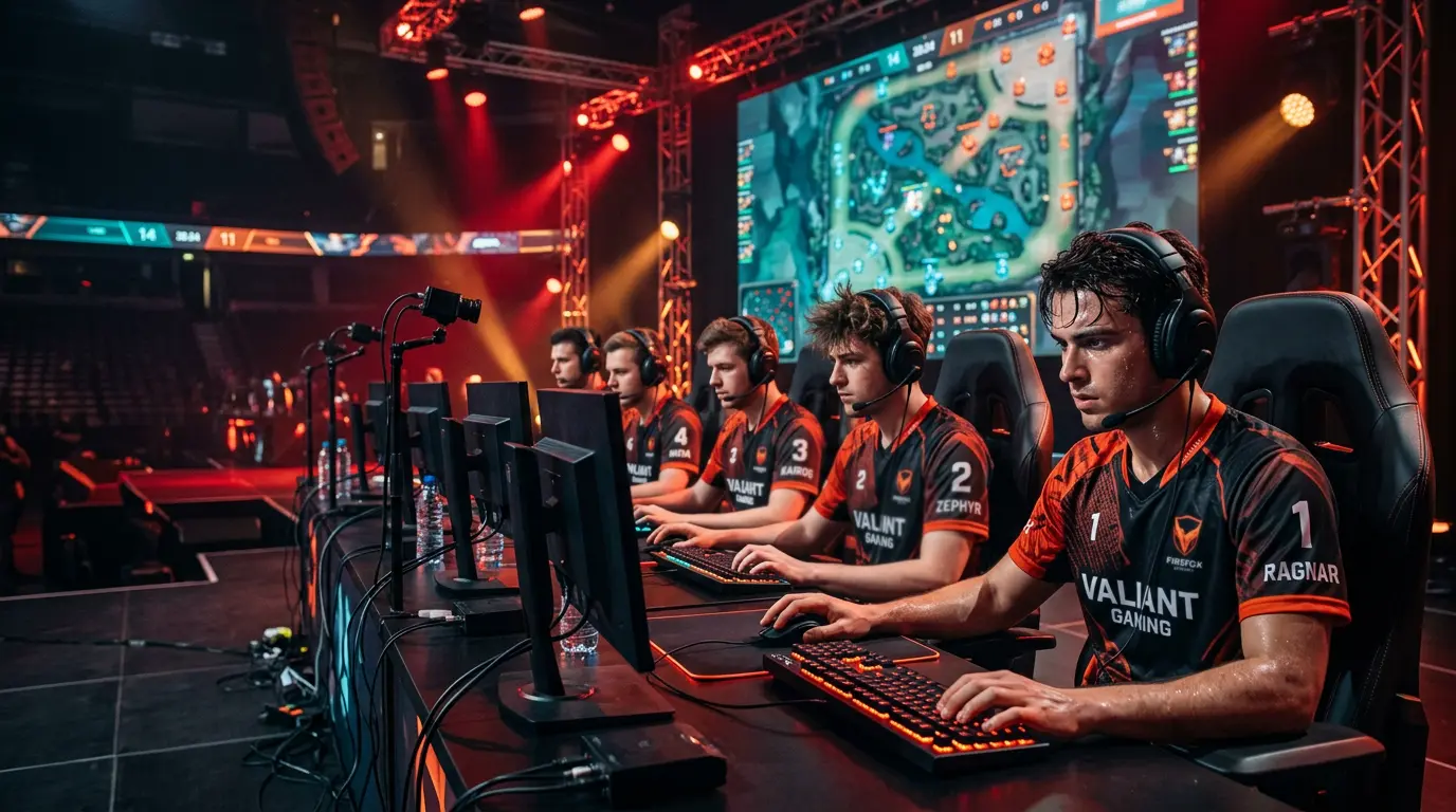 Equipo profesional de Dota 2 compitiendo en el escenario de un torneo internacional