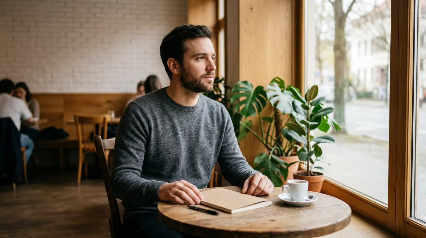 Joven adulto reflexionando con un cuaderno y un café en una mesa tranquila junto a una ventana